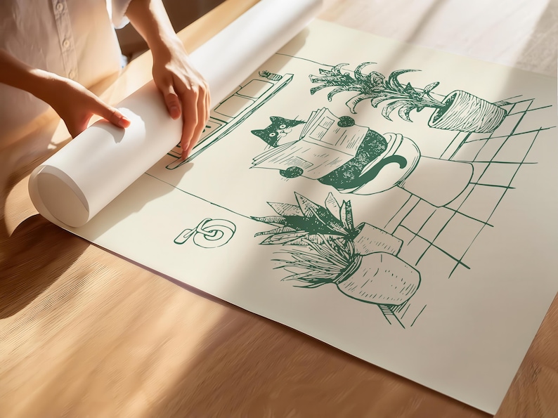 Minimal green line art illustration of a cute cat reading a newspaper on a toilet with potted plants and a “Have a Nice Poop” sign, funny bathroom art poster.
