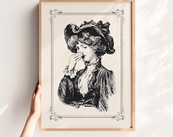 May include: Black and white vintage illustration of a woman in a large hat, framed in a light wood frame. The woman is touching her face, with a detailed drawing style. The artwork has a classic, antique aesthetic.