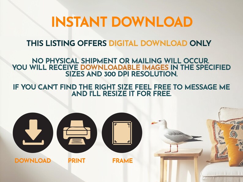 K&ouml;nnte beinhalten: Bild mit Text "INSTANT DOWNLOAD" und "THIS LISTING OFFERS DIGITAL DOWNLOAD ONLY". Enth&auml;lt Symbole f&uuml;r Download, Druck und Rahmen. Eine M&ouml;we steht auf einem kleinen Holztisch in der N&auml;he eines Sofas mit Kissen.