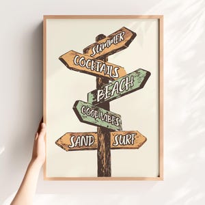 Arte de pared de playa imprimible / Póster de ambiente veraniego con letreros para arena, surf, cócteles y más / Decoración costera digital descargable
