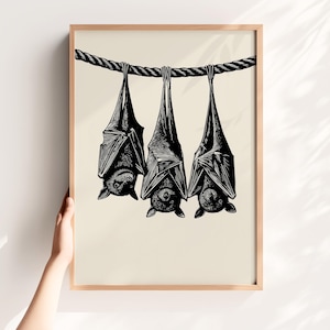 Bats Art Print – Halloween Wall Art, Hanging Bat Digital Print, Spooky Animal Wall Poster Printable, Gothic Art Print