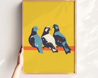 Quirky Pigeon Art Print – Colorful Bathroom Wall Decor (Digital Download)