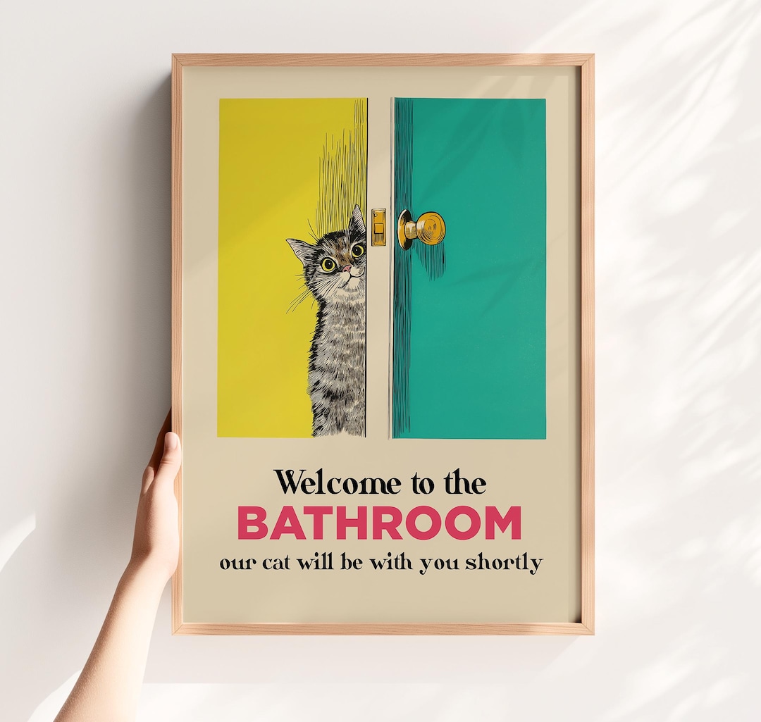 Funny Cat Bathroom Art Print – Retro Restroom Wall Decor (digital ...