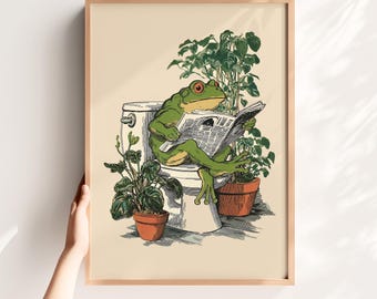 Frog on Toilet Art – Funny Bathroom Print Retro Animal Toilet Poster Instant Download Decor
