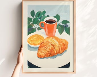 Grafika z croissantem i kawą: Przytulna dekoracja kuchni kawiarnianej (pobranie cyfrowe)