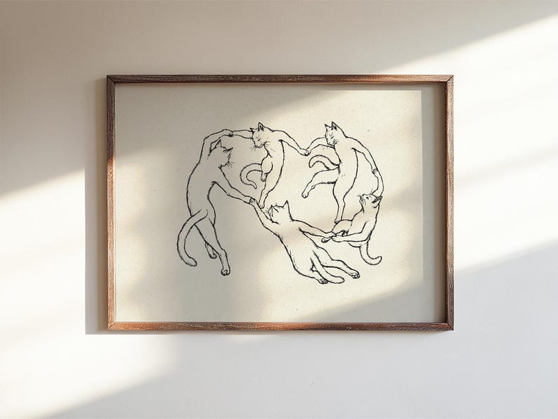 Physical matte paper art print featuring five hand drawn minimalist line art cats dancing in a circle, a funny modern cat poster parody inspired by Matisse. Black and white unframed sketchy pet print for girl apartment decor, scandi style wall art, and cozy bedroom layouts.