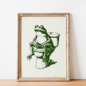 Frog on Toilet Green Art Print Retro Frog Poster Printable Vintage Sketch Funny Bathroom Wall Art Digital Frog Toilet Art Kid&#39;s Bathroom