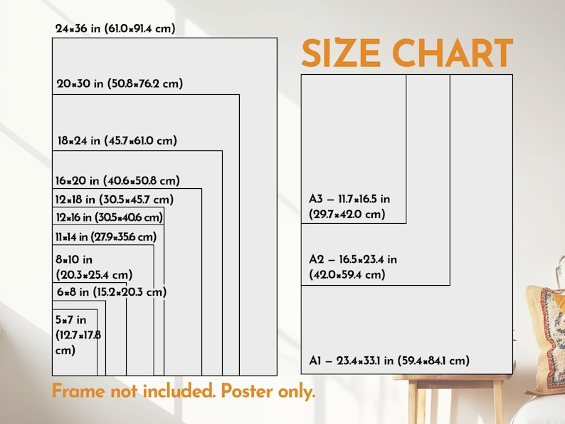 May include: A size chart for posters, with dimensions in inches and centimeters. Sizes range from 5x7 inches (12.7x17.8 cm) to 24x36 inches (61.0x91.4 cm), and A1, A2, and A3 sizes are also listed. The text "Frame not included. Poster only." is visible.