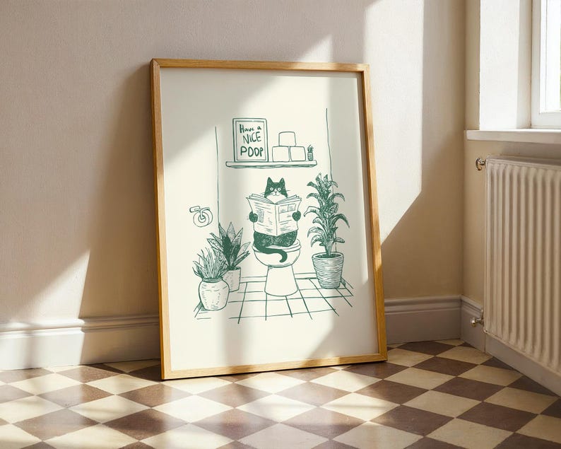 Minimal green line art illustration of a cute cat reading a newspaper on a toilet with potted plants and a “Have a Nice Poop” sign, funny bathroom art poster.