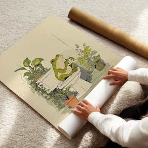 Hand drawn poster of a frog on toilet surrounded by plants, frog bathroom art for powder room art and restroom wall art, cute bathroom art with toilet humor art and bathroom humor sign vibe.