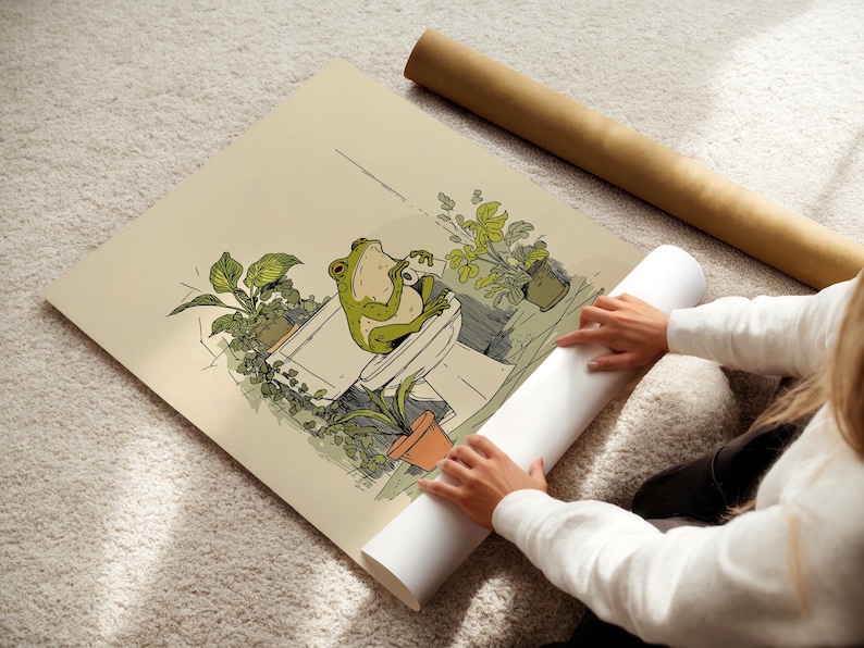 Hand drawn poster of a frog on toilet surrounded by plants, frog bathroom art for powder room art and restroom wall art, cute bathroom art with toilet humor art and bathroom humor sign vibe.