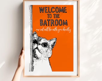 Rolig katt badrumskonsttryck – Retro toalettdekor (digital nedladdning)
