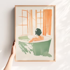 Vintage Bath Print – Retro Pastel Bathroom Art, Serene Bathtub Wall Decor for Spa or Powder Room – Calming Printable Poster