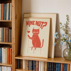 Wein nicht Kunst druckbare lustige Küche Kunst Rot und Beige Wein-Liebhaber-Geschenk Einfache Bar-Wand-Kunst-Party-Dekoration-Weinkeller Lustige Katze Plakat