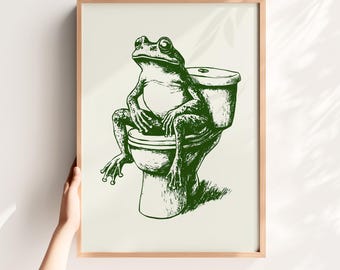 Funny Frog on Toilet Print: Retro Bathroom Wall Decor Downstairs Toilet Art(Digital Download)