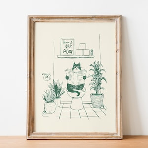 Minimal green line art illustration of a cute cat reading a newspaper on a toilet with potted plants and a “Have a Nice Poop” sign, funny bathroom art poster.
