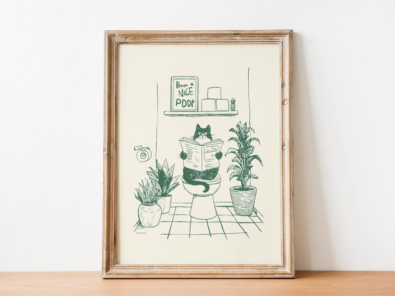Minimal green line art illustration of a cute cat reading a newspaper on a toilet with potted plants and a “Have a Nice Poop” sign, funny bathroom art poster.