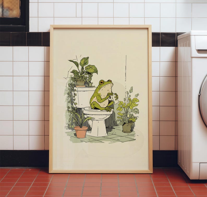 Hand drawn poster of a frog on toilet surrounded by plants, frog bathroom art for powder room art and restroom wall art, cute bathroom art with toilet humor art and bathroom humor sign vibe.