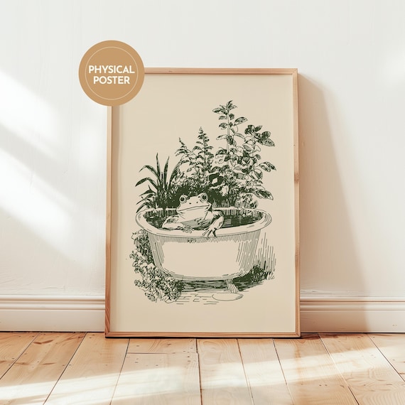 Frog in Tub Ink Sketch Poster Vintage Funny Bathroom Art Cottagecore Bath Time Print