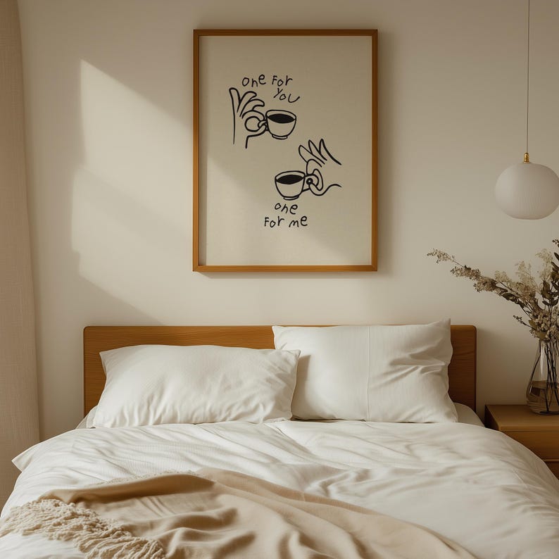Minimalist line art coffee poster showing two mugs with a "One for you, one for me" quote in a modern kitchen setting.