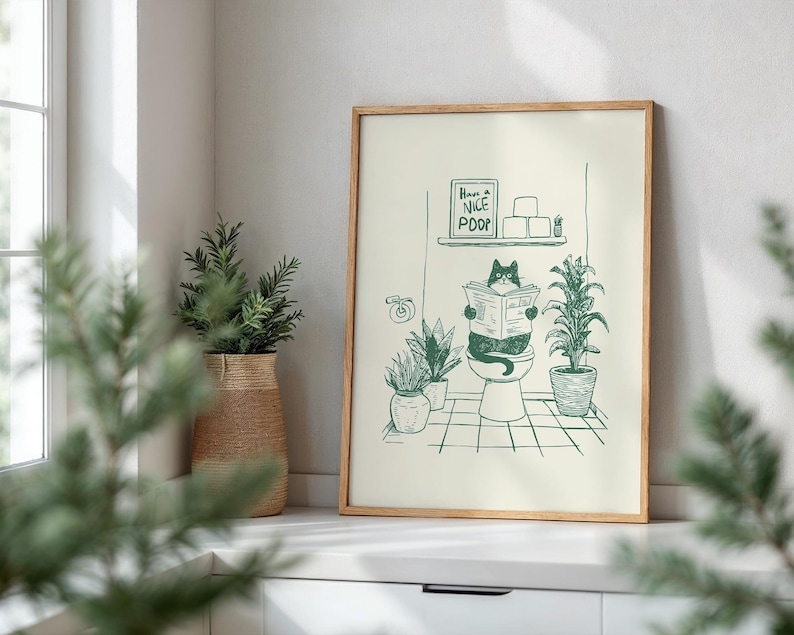 Minimal green line art illustration of a cute cat reading a newspaper on a toilet with potted plants and a “Have a Nice Poop” sign, funny bathroom art poster.