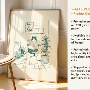 Minimal green line art illustration of a cute cat reading a newspaper on a toilet with potted plants and a “Have a Nice Poop” sign, funny bathroom art poster.