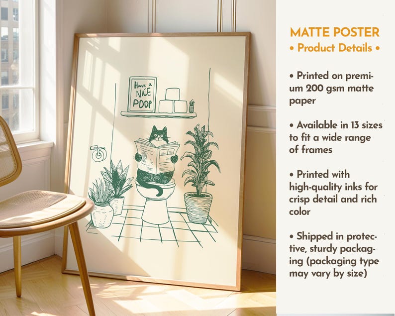 Minimal green line art illustration of a cute cat reading a newspaper on a toilet with potted plants and a “Have a Nice Poop” sign, funny bathroom art poster.