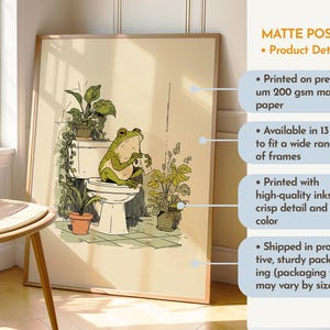 Hand drawn poster of a frog on toilet surrounded by plants, frog bathroom art for powder room art and restroom wall art, cute bathroom art with toilet humor art and bathroom humor sign vibe.