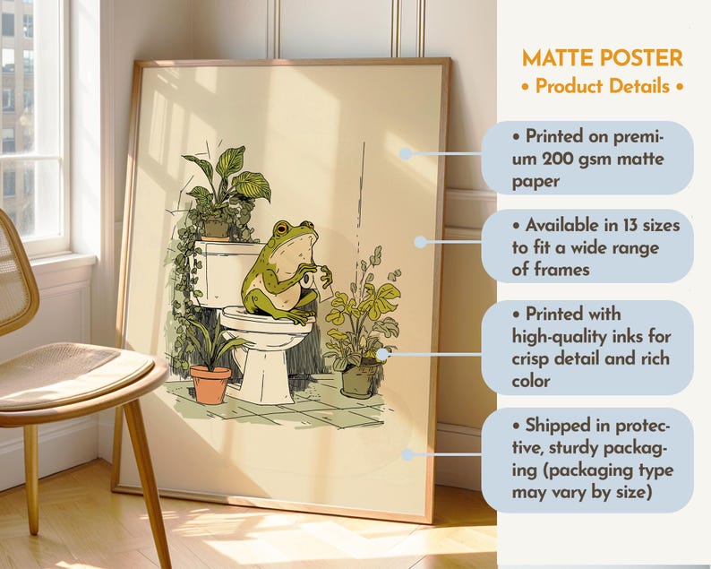 Hand drawn poster of a frog on toilet surrounded by plants, frog bathroom art for powder room art and restroom wall art, cute bathroom art with toilet humor art and bathroom humor sign vibe.