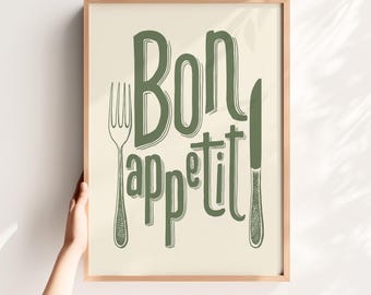 Bon Appétit Salbei grün Küche Kunst Printable Typographie Poster Gabel Messer Esszimmer