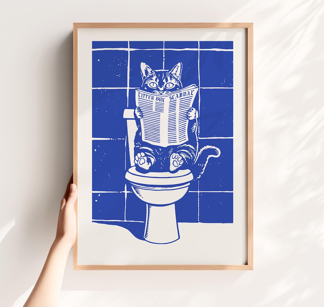 Cat on Toilet Funny Bathroom Art Printable Minimalist Blue and White ...