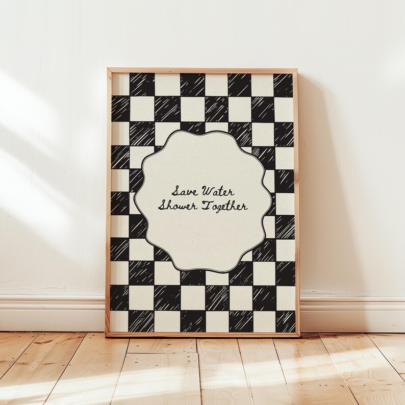 Funny "Save Water, Shower Together" bathroom wall art featuring a hand-drawn red and cream checkered pattern in a retro indie aesthetic.