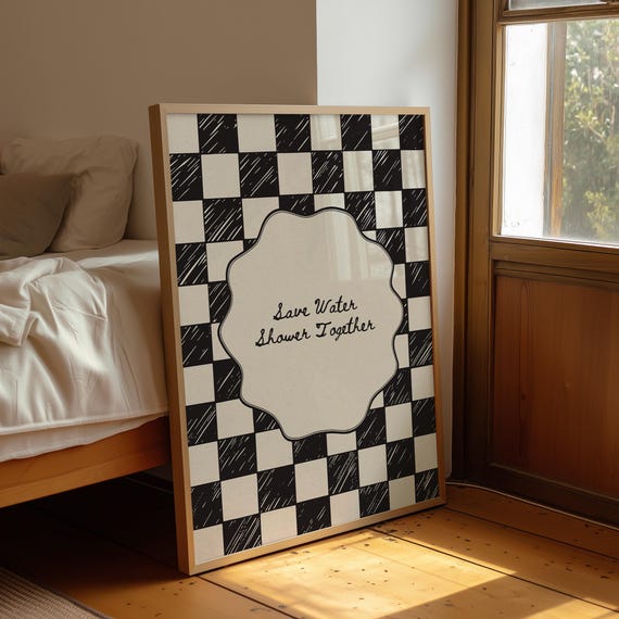 Save Water Shower Together Matte Poster: Funny Bathroom Humor Art and Retro Checkered Sign
