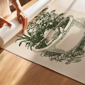 Ink-style drawing of a frog relaxing in a bathtub surrounded by leafy plants, with a soft vintage cottagecore look. Neutral simple art for guest bathroom decor.