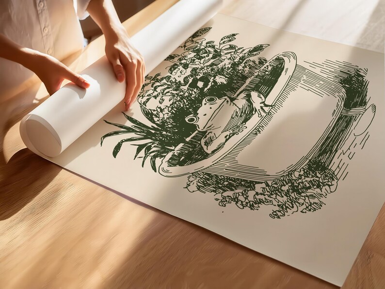 Ink-style drawing of a frog relaxing in a bathtub surrounded by leafy plants, with a soft vintage cottagecore look. Neutral simple art for guest bathroom decor.