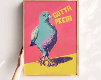 Funny Pigeon Toilet Art Print: Retro Bathroom Wall Decor (Digital Download)