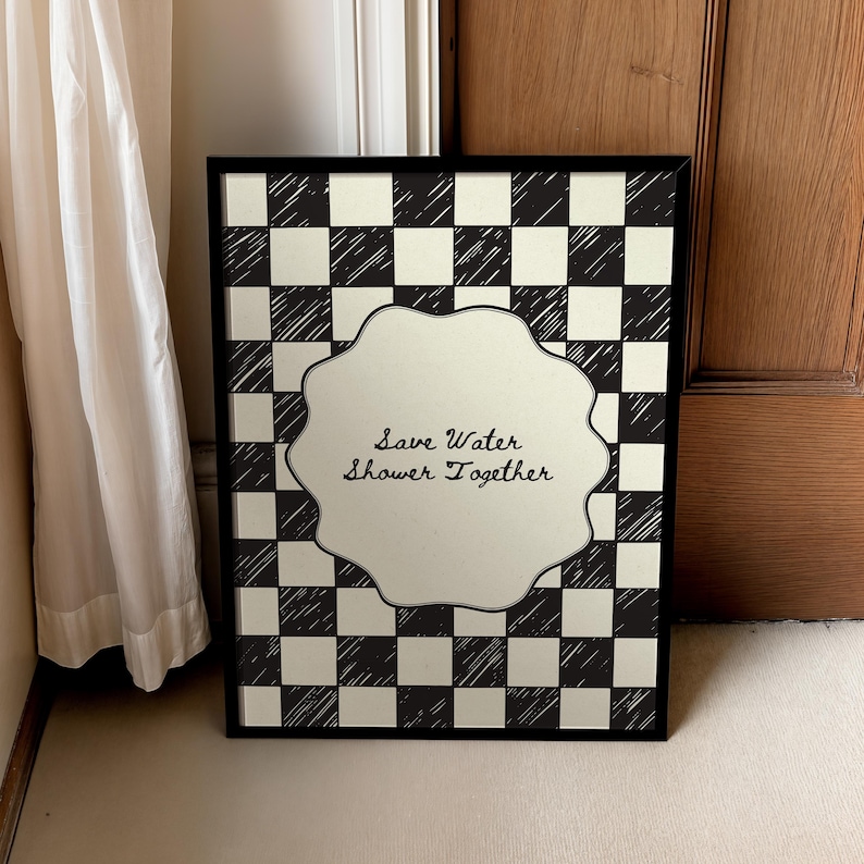 Funny "Save Water, Shower Together" bathroom wall art featuring a hand-drawn red and cream checkered pattern in a retro indie aesthetic.