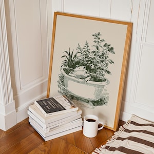 Ink-style drawing of a frog relaxing in a bathtub surrounded by leafy plants, with a soft vintage cottagecore look. Neutral simple art for guest bathroom decor.