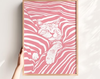 Roze slapende kat-print: grillige muurkunst kinderkamer (digitale download)