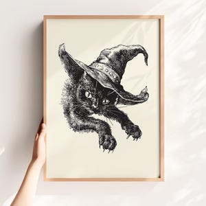 Lámina vintage de gato brujo: arte de gato negro de bruja de Halloween, decoración gótica, descarga digital
