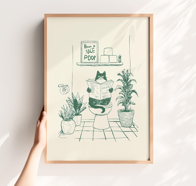 Minimal green line art illustration of a cute cat reading a newspaper on a toilet with potted plants and a “Have a Nice Poop” sign, funny bathroom art poster.