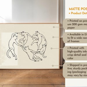 Physical matte paper art print featuring five hand drawn minimalist line art cats dancing in a circle, a funny modern cat poster parody inspired by Matisse. Black and white unframed sketchy pet print for girl apartment decor, scandi style wall art, and cozy bedroom layouts.