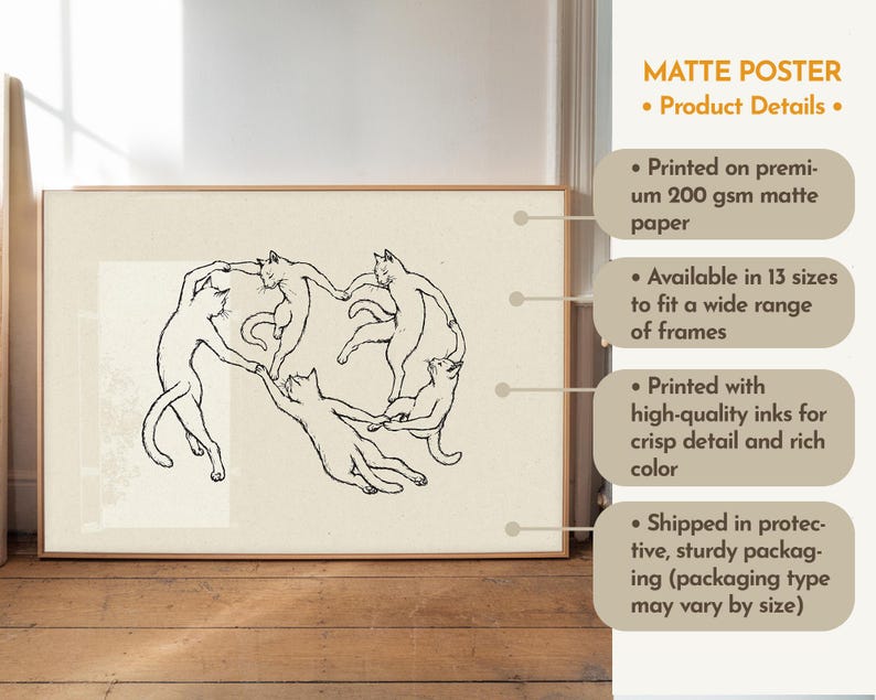Physical matte paper art print featuring five hand drawn minimalist line art cats dancing in a circle, a funny modern cat poster parody inspired by Matisse. Black and white unframed sketchy pet print for girl apartment decor, scandi style wall art, and cozy bedroom layouts.