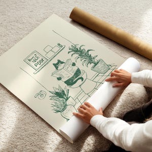 Minimal green line art illustration of a cute cat reading a newspaper on a toilet with potted plants and a “Have a Nice Poop” sign, funny bathroom art poster.