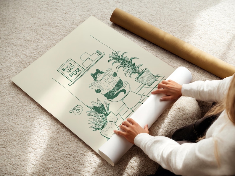 Minimal green line art illustration of a cute cat reading a newspaper on a toilet with potted plants and a “Have a Nice Poop” sign, funny bathroom art poster.