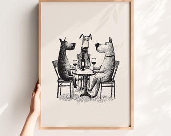 Hunde trinken Weindruck Lustiger Hund Bar Kunst Schwarz Weiß Küche Wandkunst (Digital)