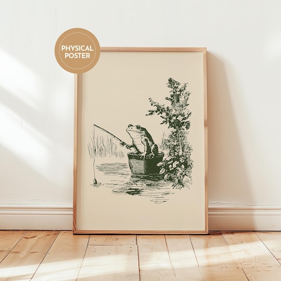 Fishing Frog Frog Wall Art Neutral Decor Hand Drawn Poster Cabin Lake House Print