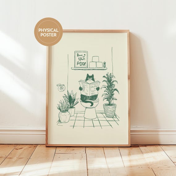 Funny Bathroom Art Minimalist Cat on Toilet Poster Art for Pet Owners Have a Nice Poop Print