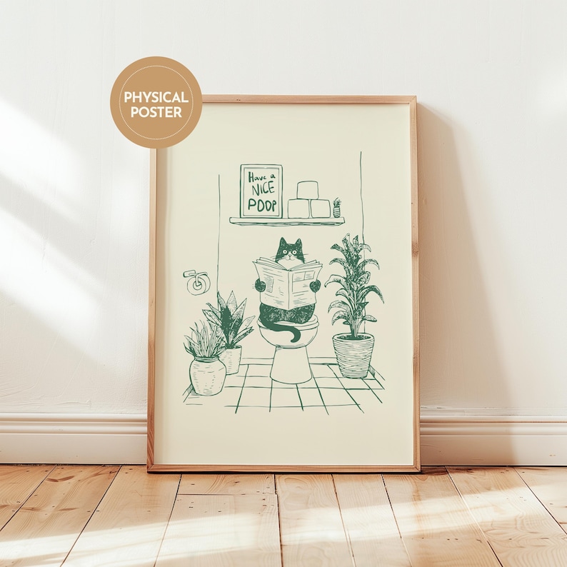 Minimal green line art illustration of a cute cat reading a newspaper on a toilet with potted plants and a “Have a Nice Poop” sign, funny bathroom art poster.