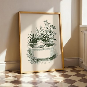 Ink-style drawing of a frog relaxing in a bathtub surrounded by leafy plants, with a soft vintage cottagecore look. Neutral simple art for guest bathroom decor.